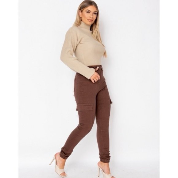 Brown High Waist Skinny Cargo Utility Denim Jeans Joggers Jogger Pants - Picture 4 of 10